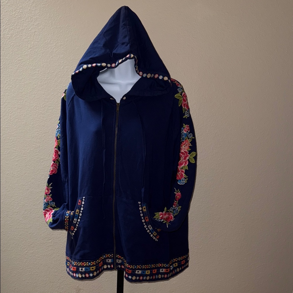 Johnny Was Rina Raglan Hoodie Sweatshirt Navy Floral Embroidered Size 1X